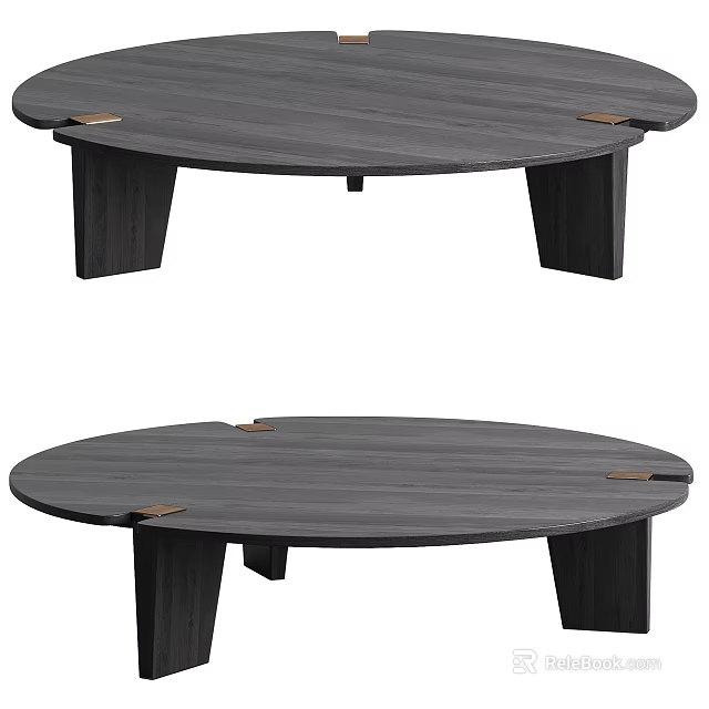 Round Dark Wood Coffee Table With Sturdy Angular Legs And Brass Accents 3d model 