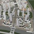 Modern Commercial Complex With High Rise Glass Facades In Urban Center With Streets And Lighting