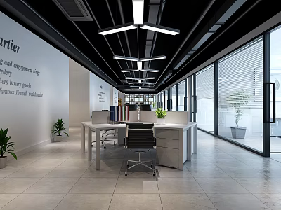 Modern Public Office Space Design With Open Layout Desks Chairs Large Windows And Green Plants 3d model
