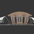 Wooden Pergola Featuring Circular Top And Radial Beams In Outdoor Grassland With Trees