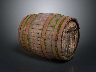 Vintage Wooden Barrel With Rustic Metal Hoops Weathered Wood Grain And Green Moss Accents 3d model