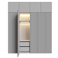 Modern Dark Wardrobe With Vertical Slat Panels Illuminated Open Shelf And Drawers