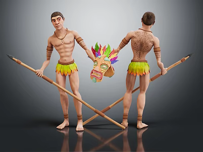 Traditional Tribal Warriors With Tattoos Holding Spears Colorful Mask And Leaf Skirts 3d model