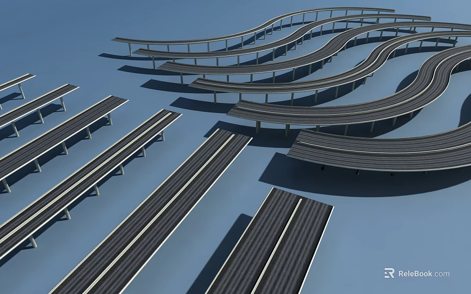 Modern Curved Multi Level Viaduct Bridge Structure With Elevated Lanes 3d model 