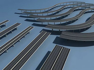 Modern Curved Multi Level Viaduct Bridge Structure With Elevated Lanes 3d model