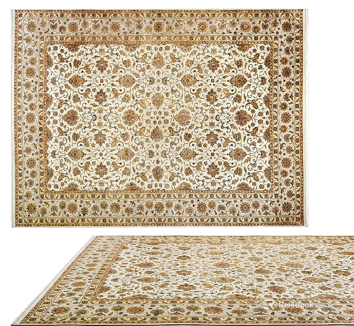 Elegant Square Carpet Featuring Intricate Beige Gold Patterns And Ornate Border 3d model