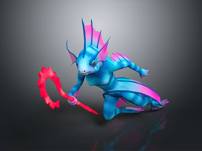 Fantasy Character Mythical Creature With Blue Pink Body Holding Red Staff In Dynamic Stance 3d model