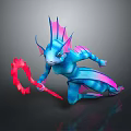Fantasy Character Mythical Creature With Blue Pink Body Holding Red Staff In Dynamic Stance
