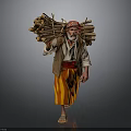Man Carrying Firewood Bundle Wearing Traditional Headscarf And Striped Lungi Walking