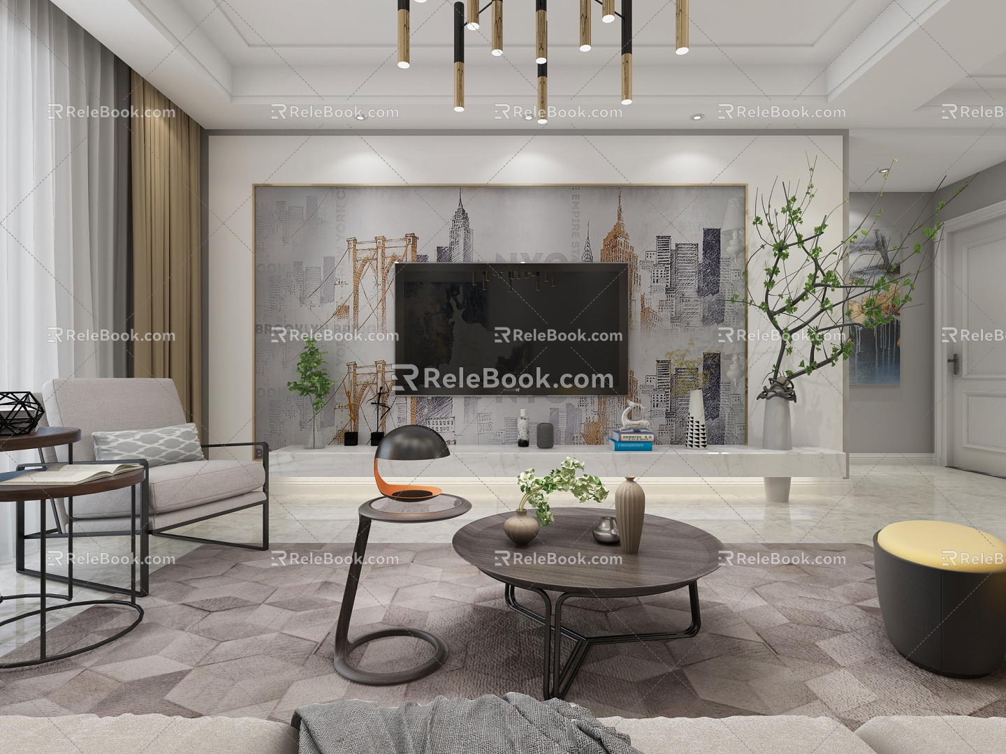 Light Luxury Living Room Dining Table and Chair Sofa Coffee Table Chandelier Desktop 3d model