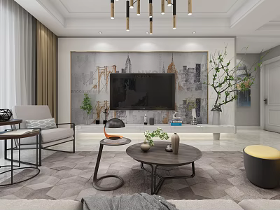 Modern Living Room Interior With Stylish Chandelier TV Backdrop Gray Carpet Sofa And Plant 3d model