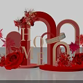 Red Themed Art Installation With Golden HOME Letters Red Arches Roses And Forever Love Ribbon