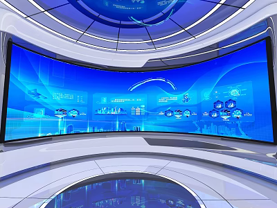 Futuristic Tech Display Space With Large Curved Blue Screen And Digital Data Visualization 3d model