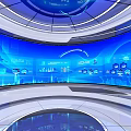 Futuristic Tech Display Space With Large Curved Blue Screen And Digital Data Visualization 3d model