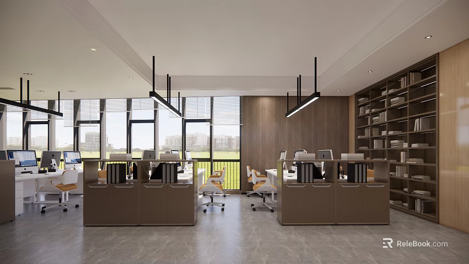 Modern Public Office Space Featuring Workstations Office Chairs And Large Windows 3d model 
