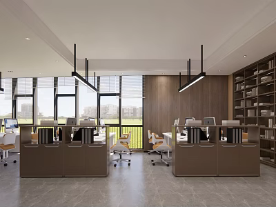 Modern Public Office Space Featuring Workstations Office Chairs And Large Windows 3d model