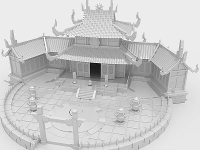 Chinese Ancient Architecture 3D Model Courtyard Featuring Overhanging Eaves Tile Roof Stone Lanterns Circular Pavement 3d model