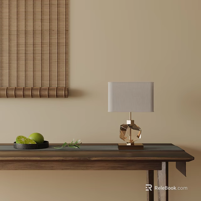 Table Lamp With Gray Fabric Shade Gold Geometric Base On Wooden Table And Bamboo Blinds 3d model 