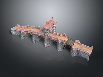 Medieval Stone Bridge Structure With Arched Design And Red Roofed Tower 3d model