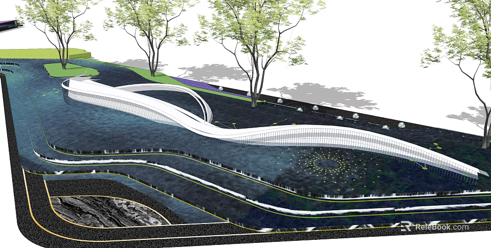Modern Building Facade with Curved Glass Design Metal Accents and Green Landscaping 3d model 