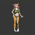 Anthropomorphic Leopard Character With Pink Hair And Leopard Print Outfit Standing On Gray Background