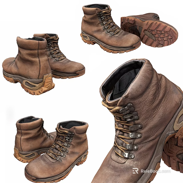 Brown Leather High Top Boots With Laces And Treaded Soles Design 3d model 