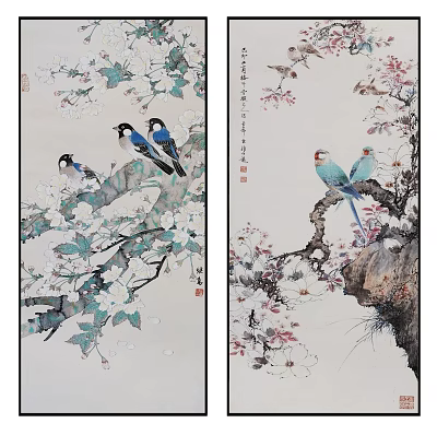 Traditional Chinese Bird And Flower Painting With Blossom Branches Artwork 3d model