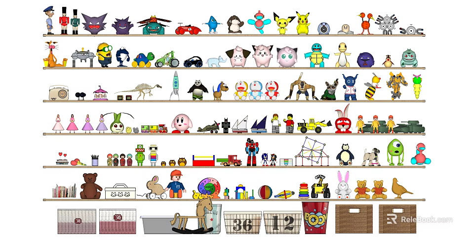 Colorful Stuffed Dolls Collection Displayed On Multiple Shelves With Various Characters 3d model 