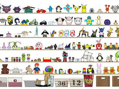 Colorful Stuffed Dolls Collection Displayed On Multiple Shelves With Various Characters 3d model