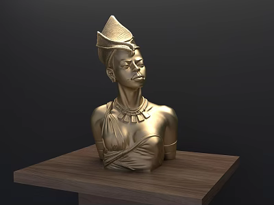 Golden Female Bust Landscape Sculpture With Headdress Necklace On Wooden Platform Dark Background 3d model