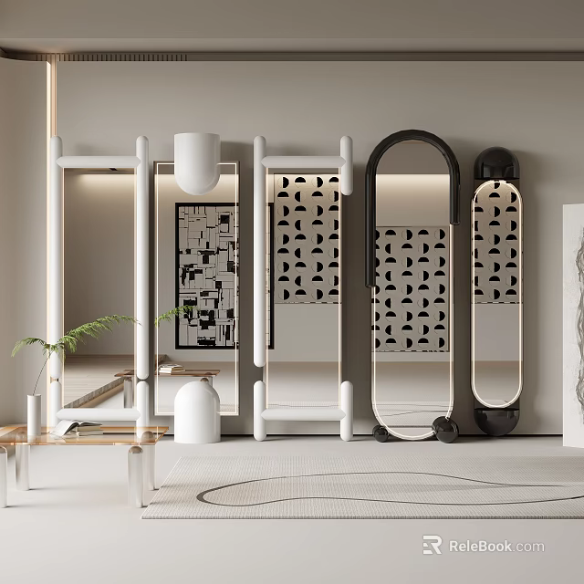 Modern Decorative Mirrors With Various Shapes And Stylish Black White Patterns 3d model
