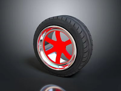 Black Car Tire With Red Hub And Silver Rim On Dark Background 3d model