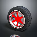 Black Car Tire With Red Hub And Silver Rim On Dark Background