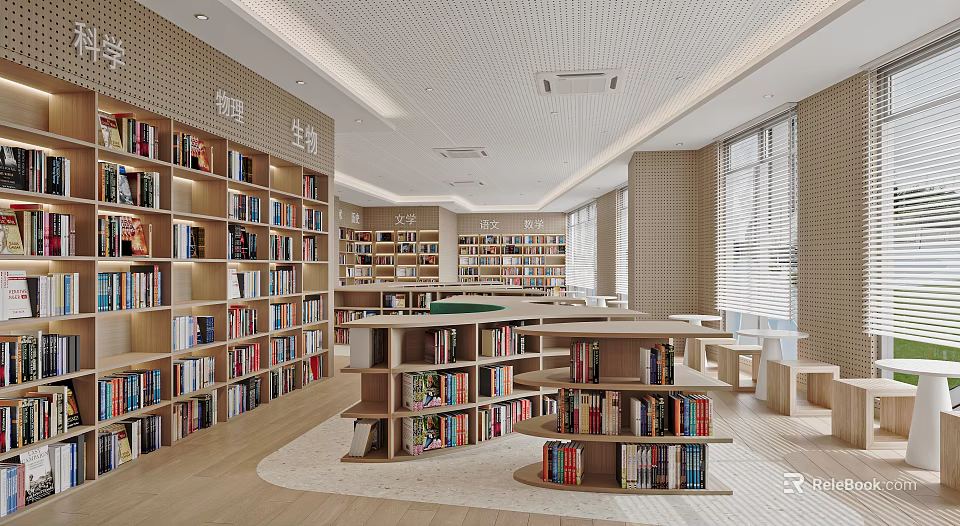 Artistic Library Space With Bookshelves And Abundant Books 3d model 