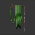 Coiled Green Garden Hose With Brass Fitting On Metal Pole Stand