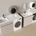 Modern White Bathroom Cabinetry With Sinks Washing Machine Dryer And Countertop
