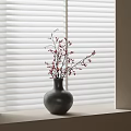 Elegant Gray Vase With Red Flowering Branches On Windowsill By White Blinds 3d model