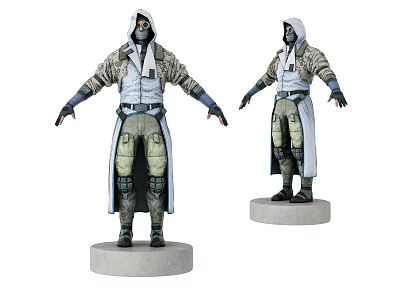 Action Figure with Hooded Coat White Vest Green Pants on Gray Base Two Poses 3d model