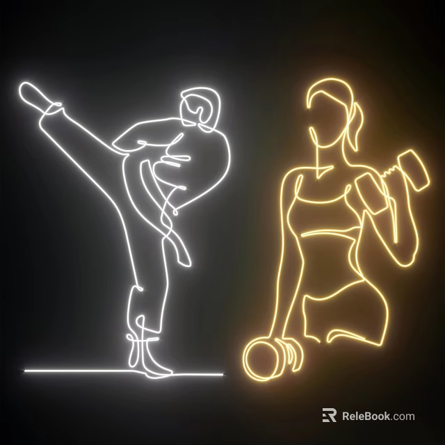 White Yellow Neon Decorative Lights With Karate And Dumbbell Lifting Silhouette On Black Background 3d model 