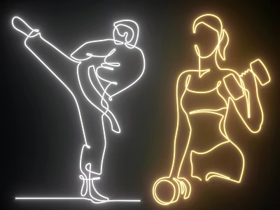 White Yellow Neon Decorative Lights With Karate And Dumbbell Lifting Silhouette On Black Background 3d model