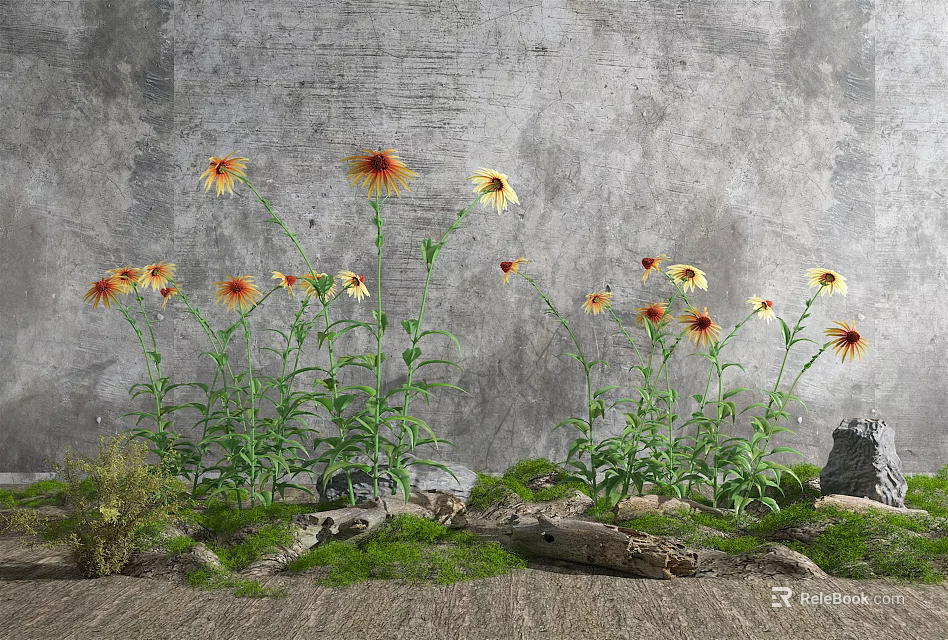 Vibrant Flowers With Green Stems Growing Against Gray Wall With Moss Stones And Wood Logs 3d model 