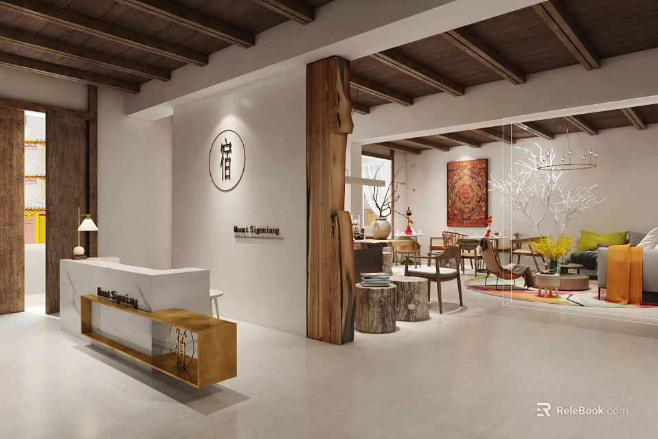 Warm Modern Hotel Lobby Interior with Wooden Ceiling Front Desk and Comfortable Seating Area 3d model 