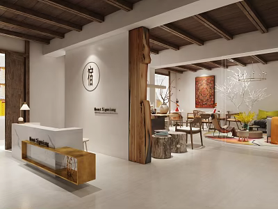 Warm Modern Hotel Lobby Interior with Wooden Ceiling Front Desk and Comfortable Seating Area 3d model