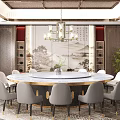 Banquet Hall With Round Marble Dining Table White Chairs Decorative Wall Painting Carpet And Green Plant