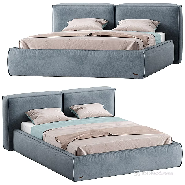 Modern Upholstered Bed Design With Gray Frame Light Colored Bedding And Pillows 3d model