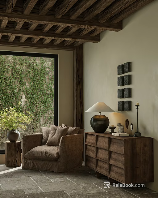 Wooden Decorative Cabinet in Cozy Living Room with Sofa Greenery Wall Art Lamp and Ornaments 3d model 