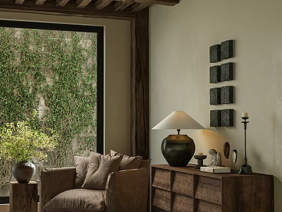 Wooden Decorative Cabinet in Cozy Living Room with Sofa Greenery Wall Art Lamp and Ornaments 3d model