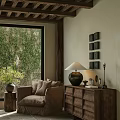 Wooden Decorative Cabinet in Cozy Living Room with Sofa Greenery Wall Art Lamp and Ornaments