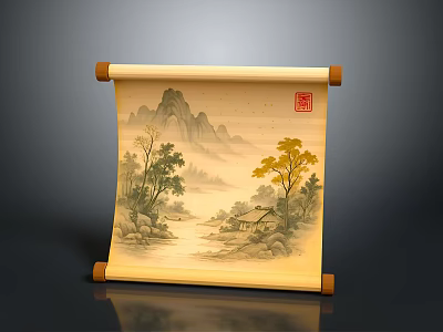 Traditional Chinese Landscape Scroll With Mountains Trees Cottage And Red Seal 3d model