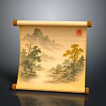 Traditional Chinese Landscape Scroll With Mountains Trees Cottage And Red Seal